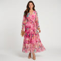 Women’s Printed Maxi Dress Wrap Waist – Long Sleeve Tiered Dress