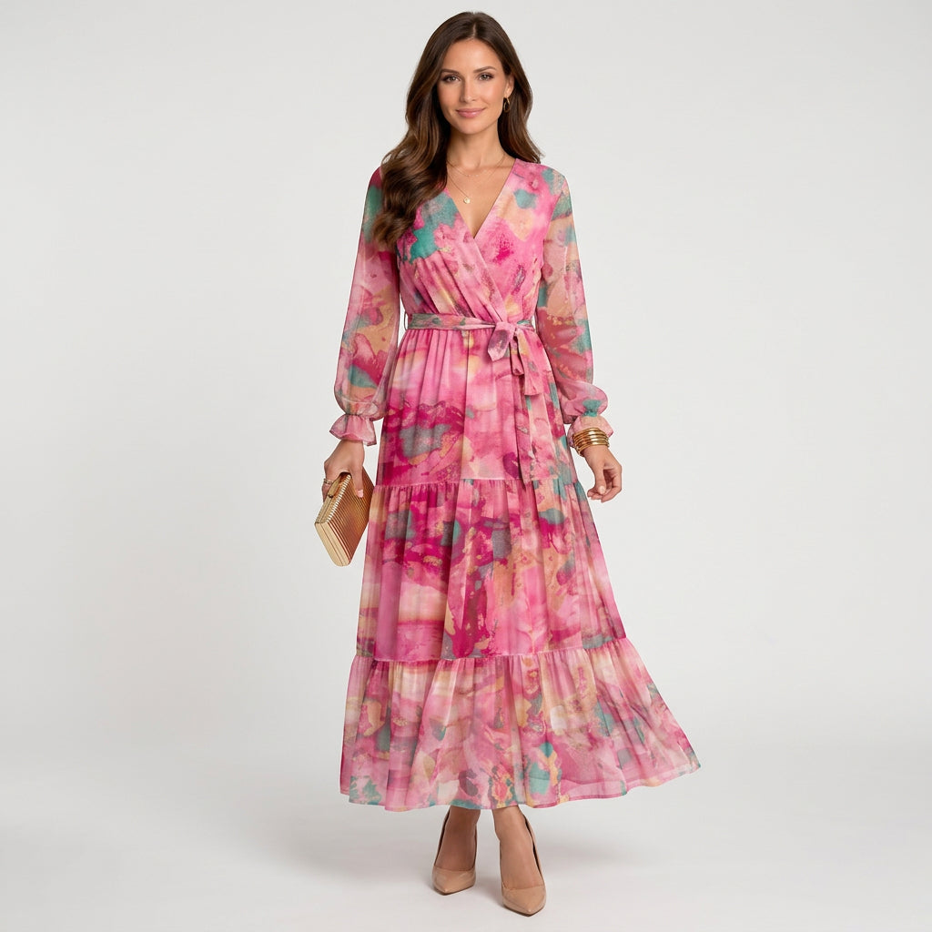 Women’s Printed Maxi Dress Wrap Waist – Long Sleeve Tiered Dress