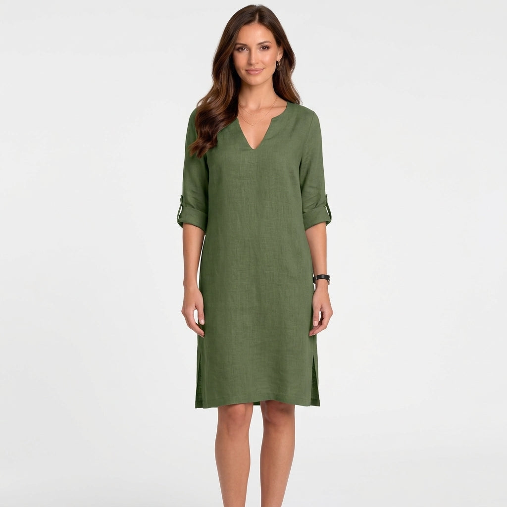 Women V Neck Linen Mini Dress Three Quarter Sleeve - Casual Linen Dress