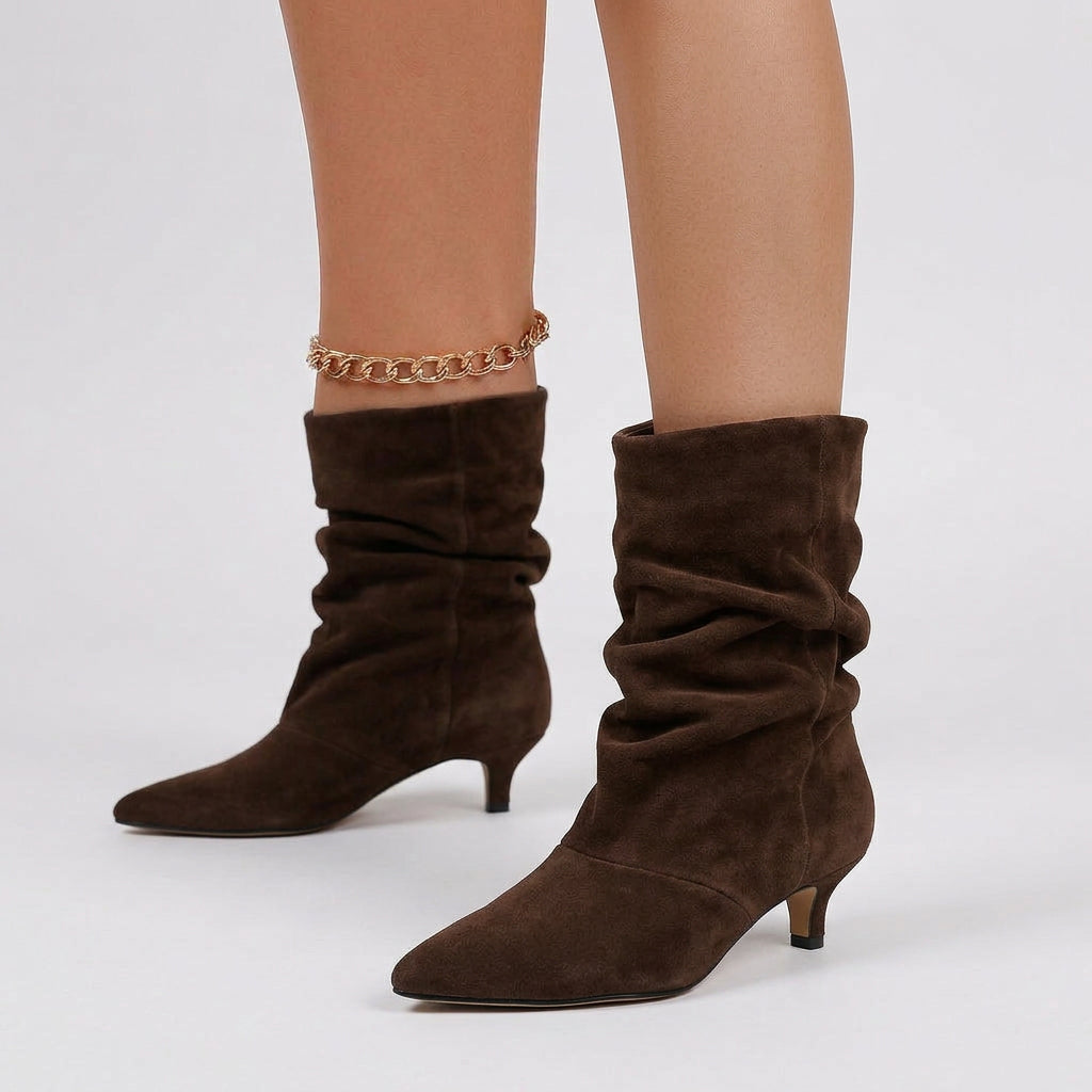 Women’s Slouch Mid Calf Boots Pointed Toe – Low Heel Dress Boots