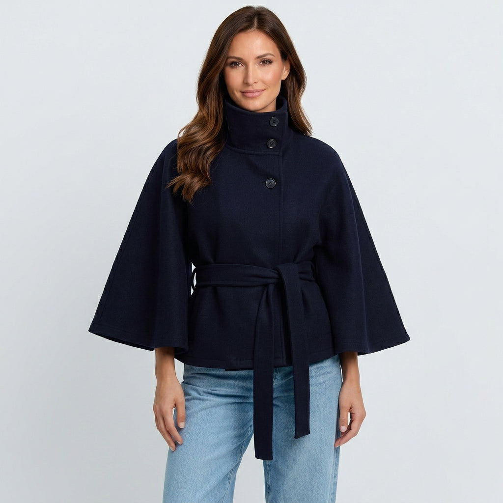 Women’s Belted Cape Jacket – High Neck Cape Coat