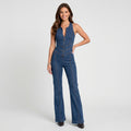 Women’s Denim Jumpsuit Sleeveless Zip Front – Wide Leg One Piece
