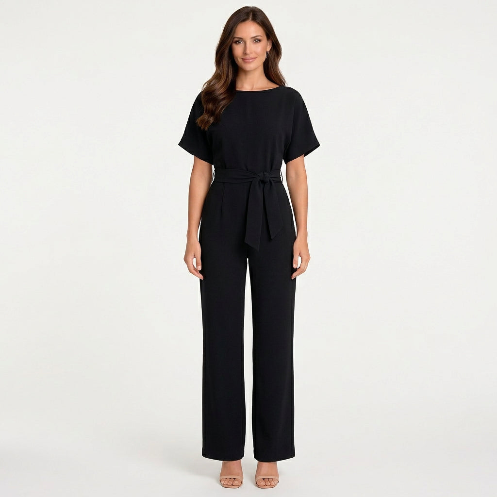 Women’s Wide Leg Jumpsuit Belted Waist – Short Sleeve One Piece