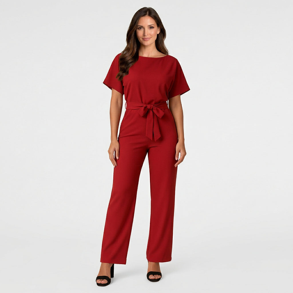 Women’s Wide Leg Jumpsuit Belted Waist – Short Sleeve One Piece