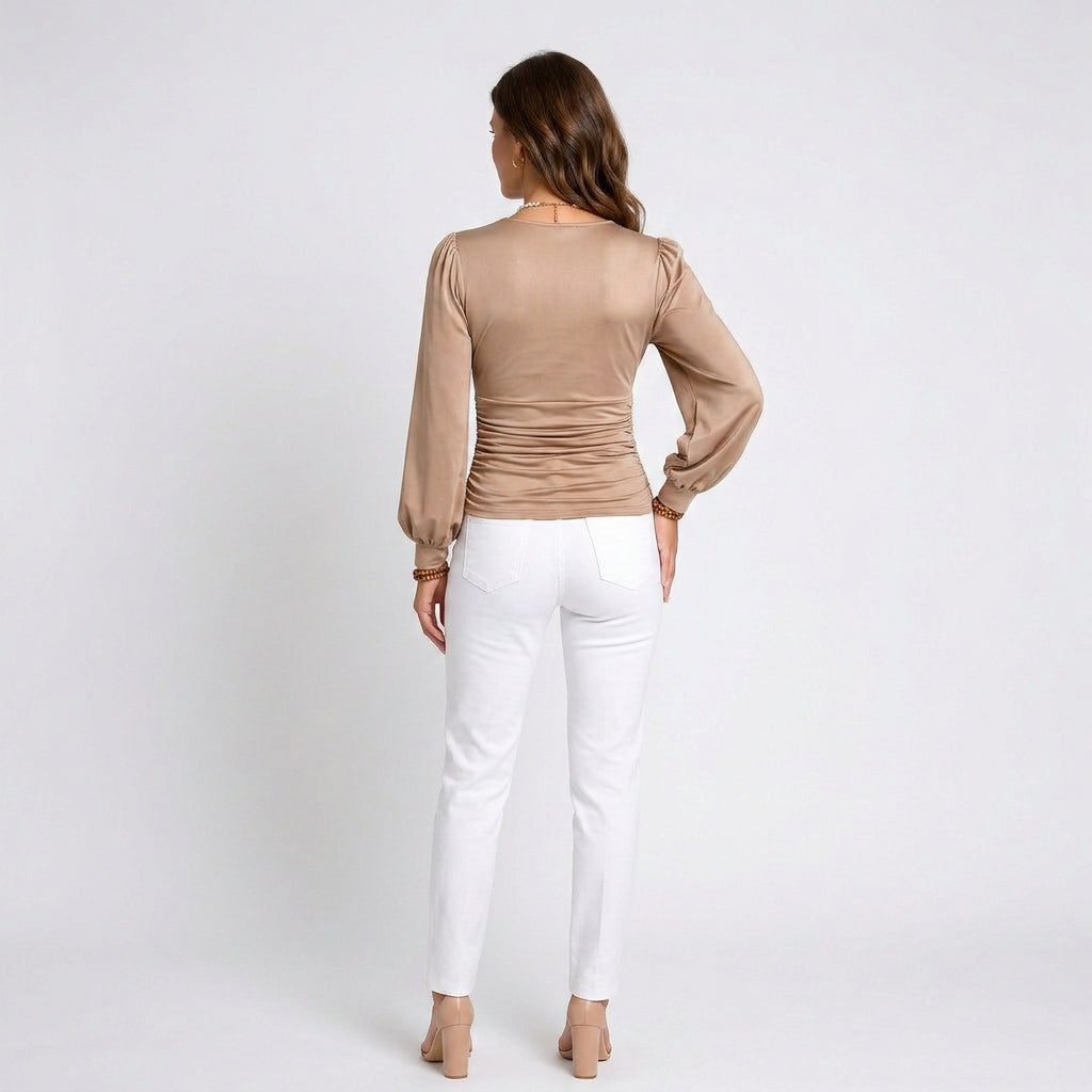 Women’s Long Sleeve Wrap Top – V Neck Ruched Fitted Blouse