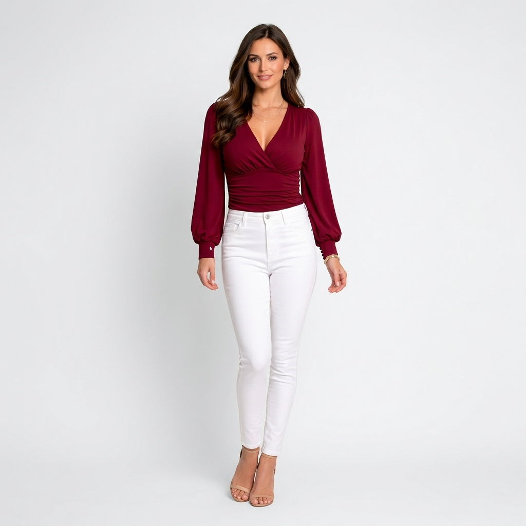 Women’s Long Sleeve Wrap Top – V Neck Ruched Fitted Blouse