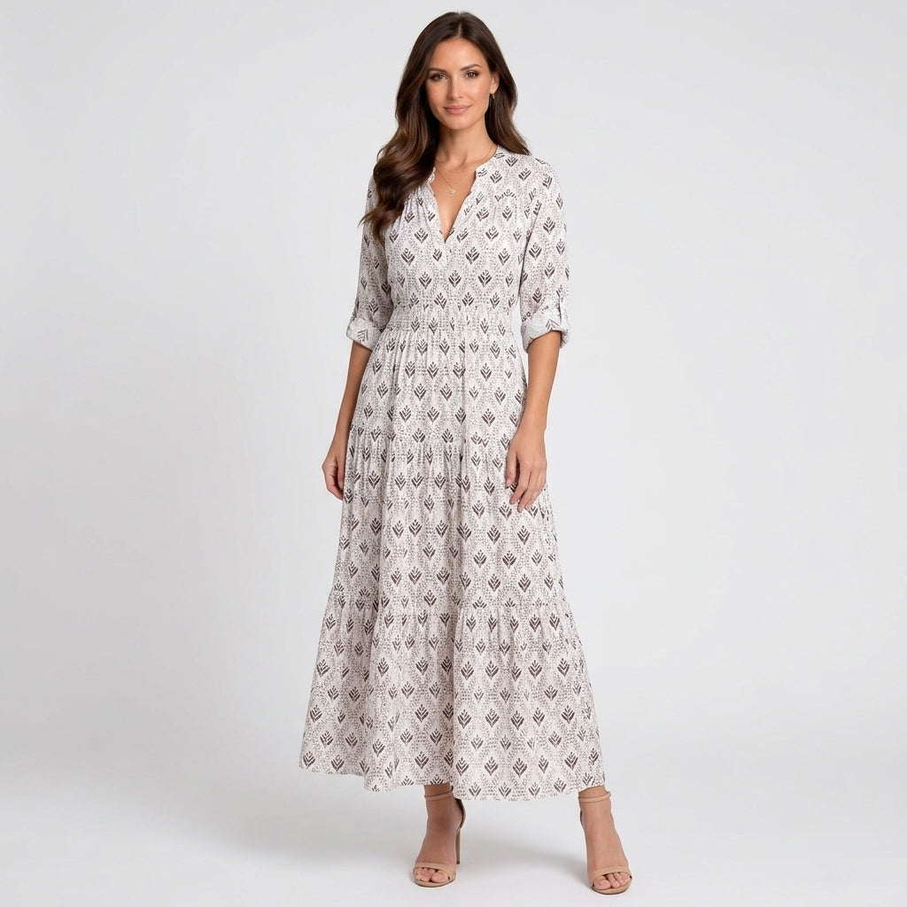 Women Printed Maxi Dress Three Quarter Sleeve - Casual Maxi Dress