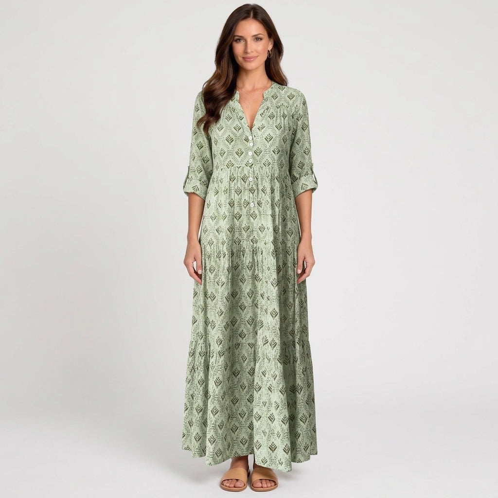 Women Printed Maxi Dress Three Quarter Sleeve - Casual Maxi Dress