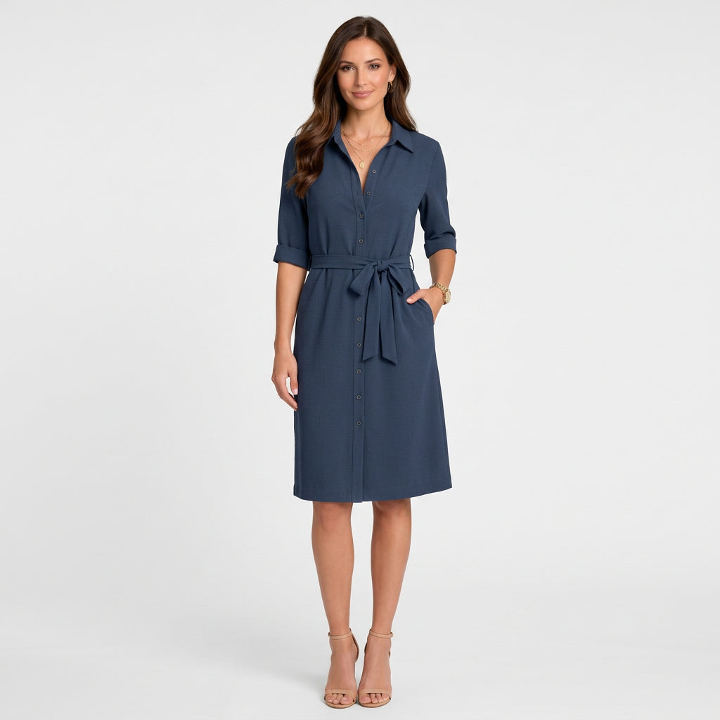Women’s Shirt Dress Belted Waist – Midi Casual Workwear Dress