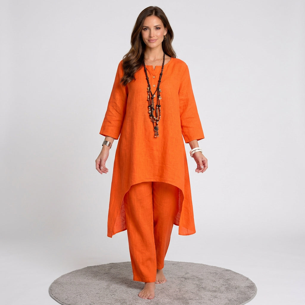 Women Two Piece Linen Set Long Tunic Top and Relaxed Pants Casual Everyday
