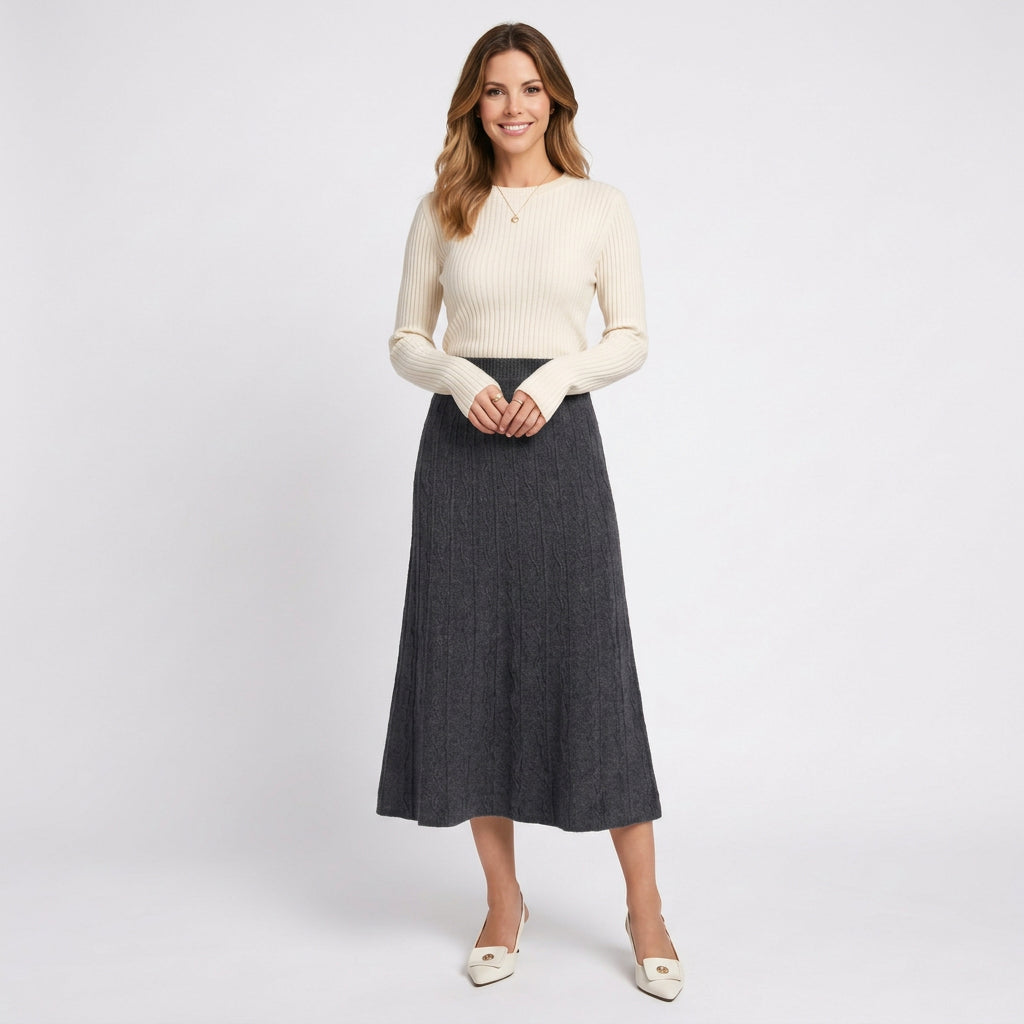 Women’s Knit Midi Skirt A Line – Textured Pull On Sweater Skirt