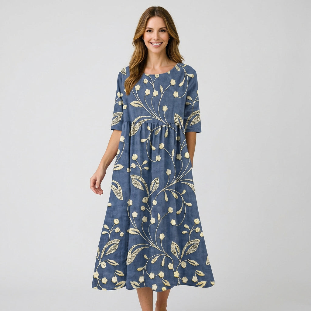 Women’s Floral Midi Dress Three Quarter Sleeve – Casual Printed Dress