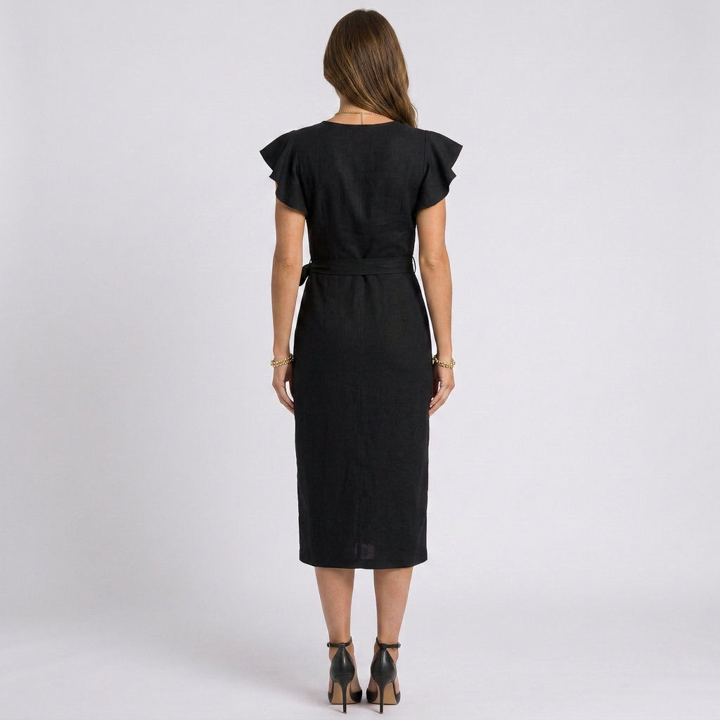 Women’s Wrap Midi Dress Flutter Sleeve – Draped Occasion Dress