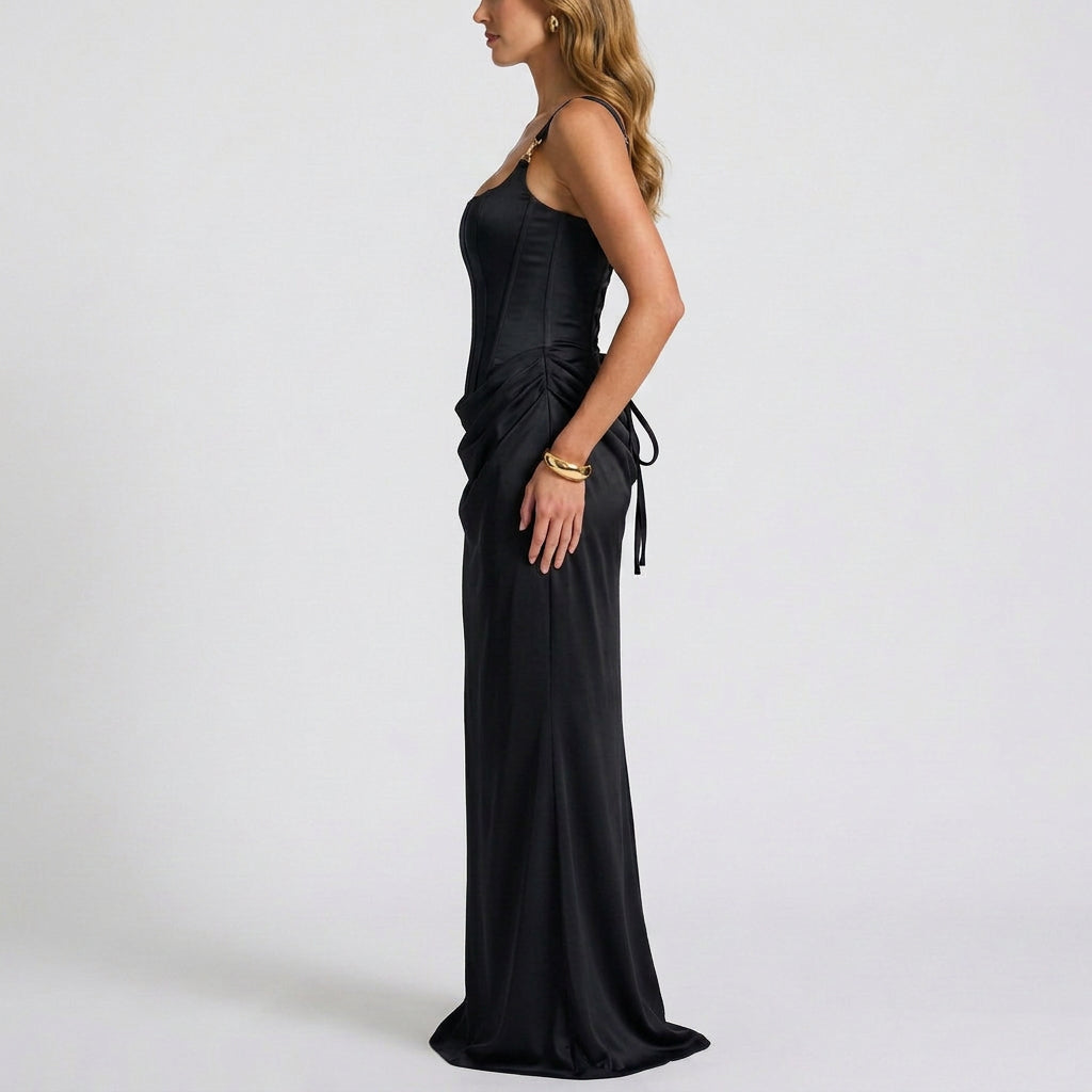 Women’s Square Neck Maxi Dress – Sleeveless Ruched Bodycon Evening Dress