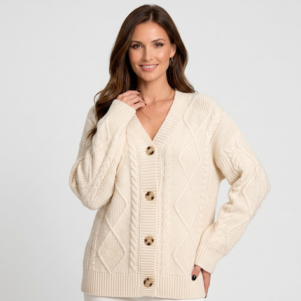 Women’s Cable Knit Cardigan – Button Front V-Neck Cardigan