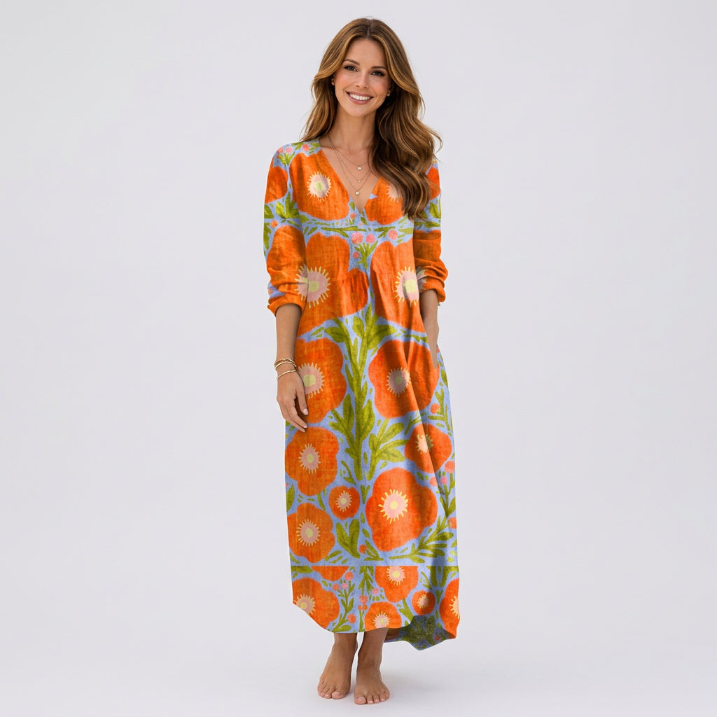 Floral Print V Neck Maxi Dress Women