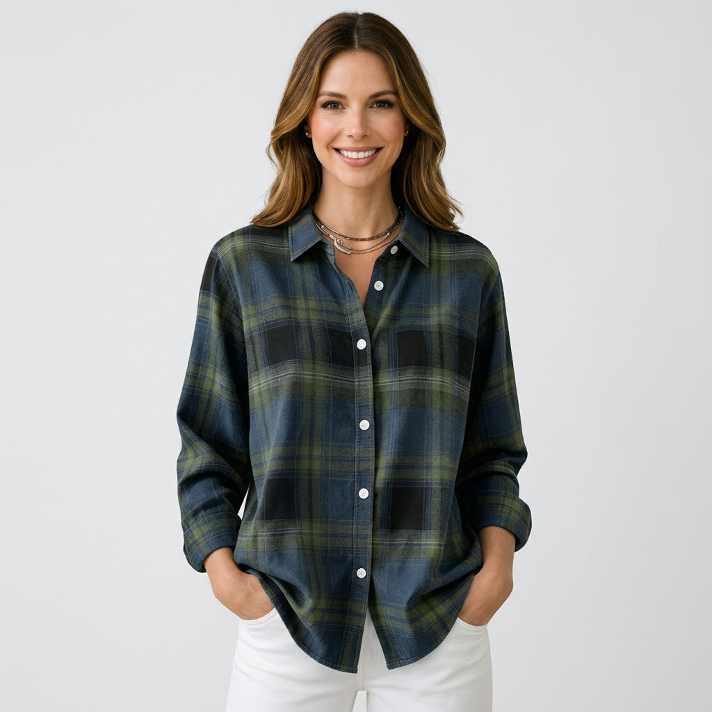 Women’s Plaid Button Front Shirt – Long Sleeve Casual Overshirt