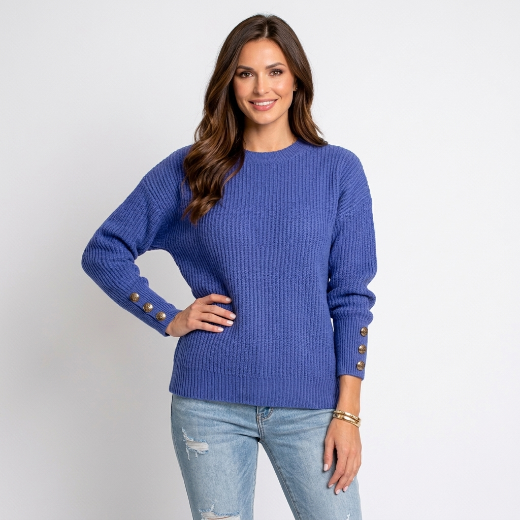 Women’s Oversized Ribbed Knit Sweater – Long Sleeve Button Cuff Pullover