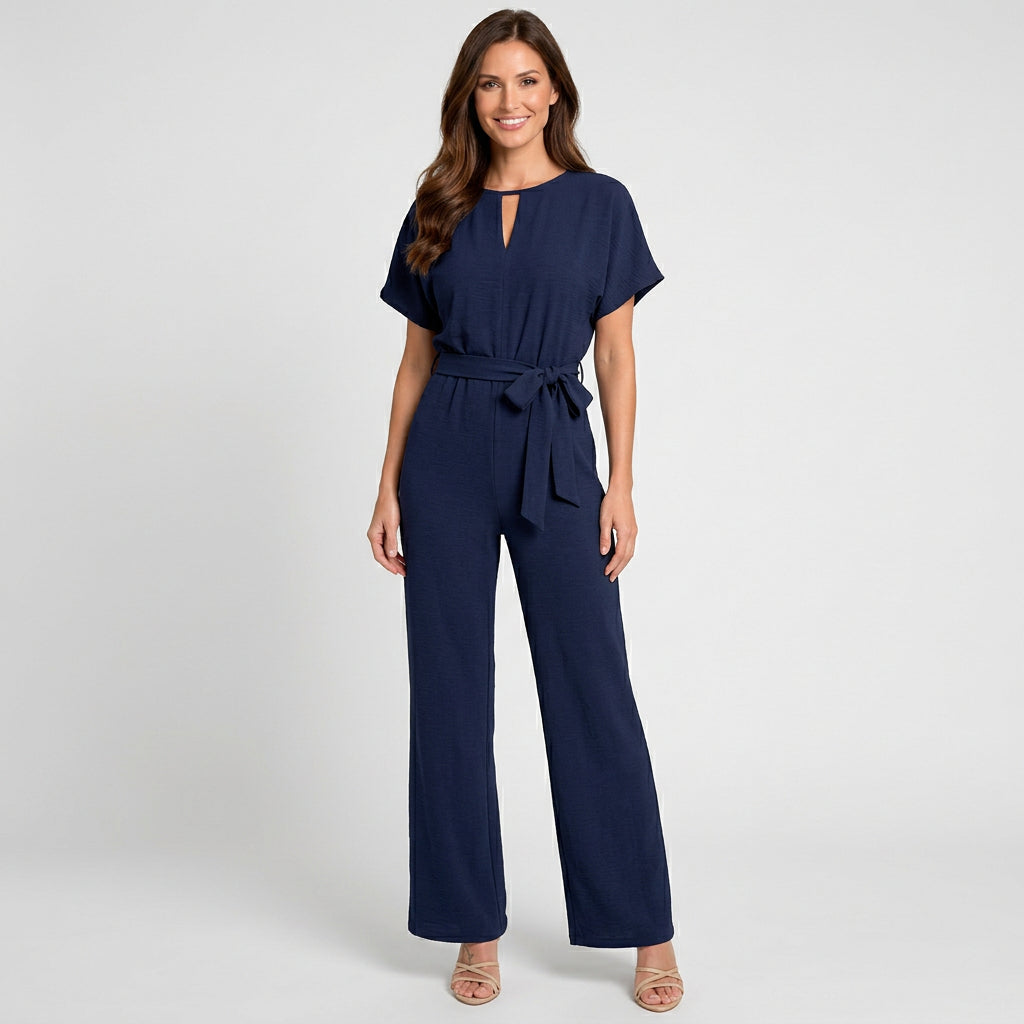 Women’s Wide Leg Jumpsuit Belted Waist – Short Sleeve Occasion One Piece