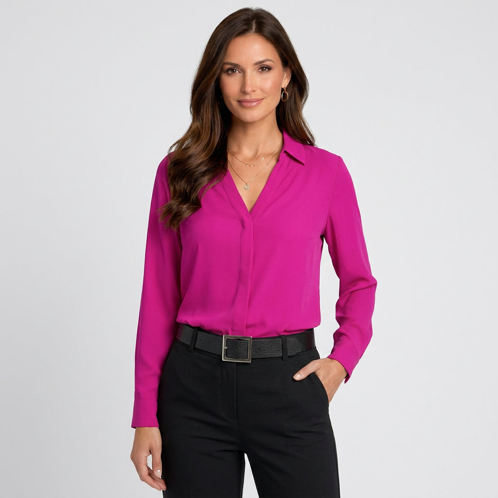 Women’s Satin Blouse Collared Button Front – Long Sleeve Workwear Top