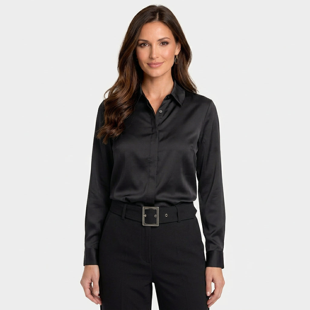 Women’s Satin Blouse Collared Button Front – Long Sleeve Workwear Top