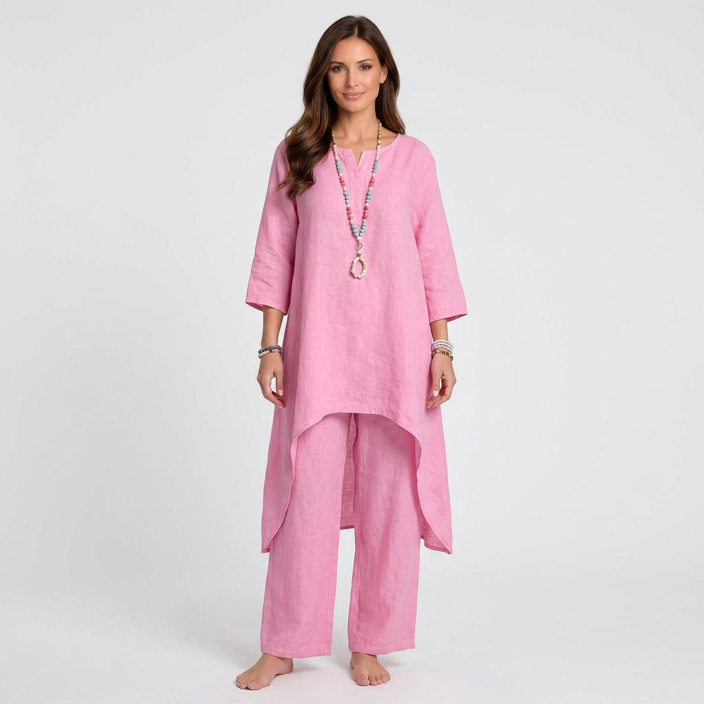Women Two Piece Linen Set Long Tunic Top and Relaxed Pants Casual Everyday