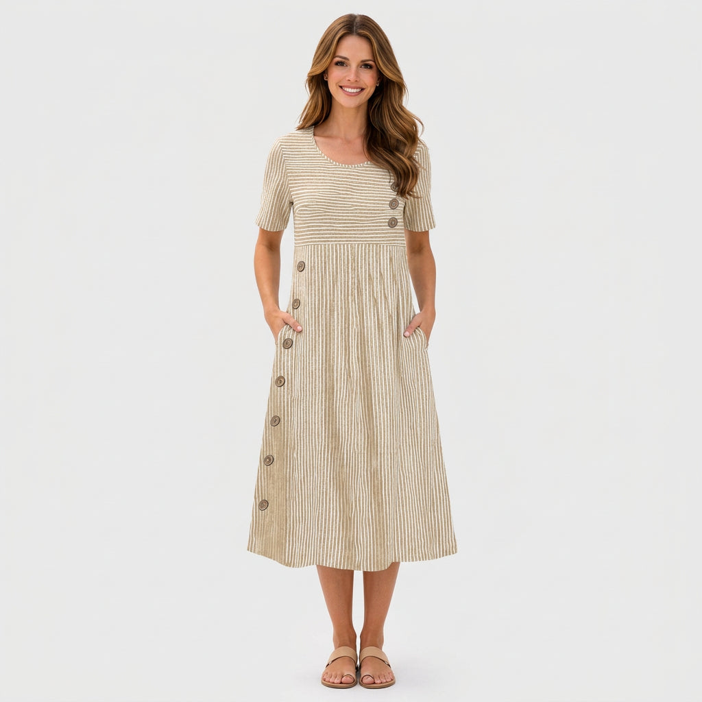 Striped Button Detail Midi Dress Women