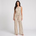 Women’s Sequin Jumpsuit Belted Waist – Sleeveless Evening One Piece