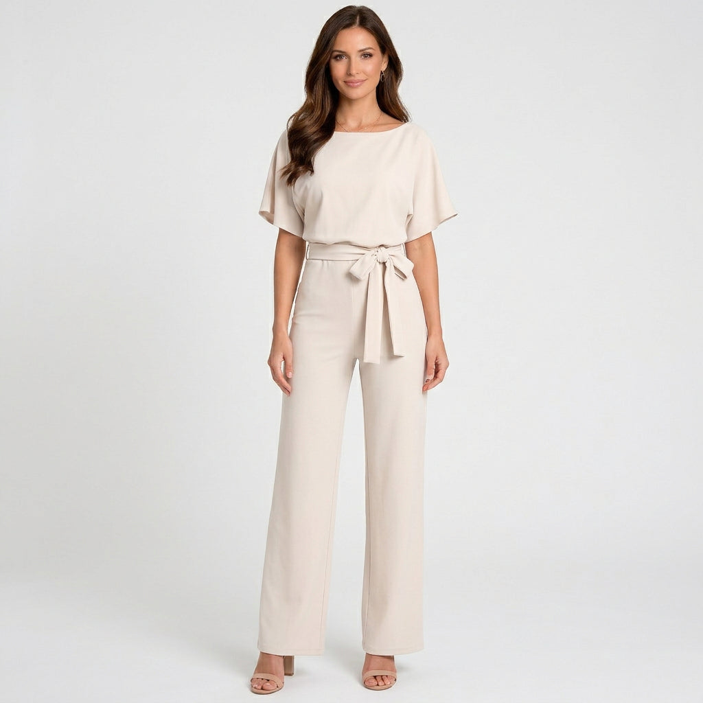 Women’s Wide Leg Jumpsuit Belted Waist – Short Sleeve Occasion One Piece