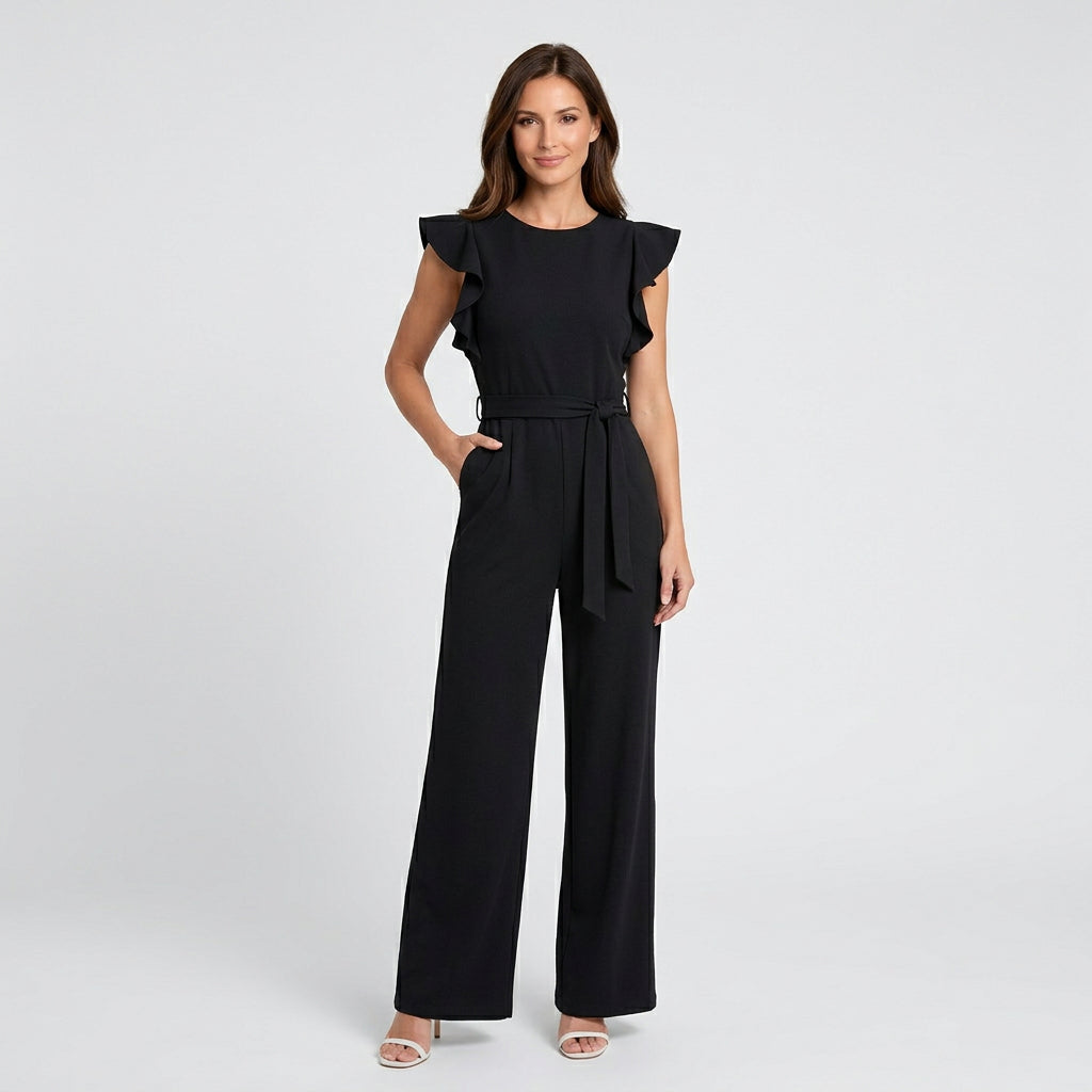 Women’s Wide Leg Jumpsuit Belted Waist – Flutter Sleeve Occasion One Piece