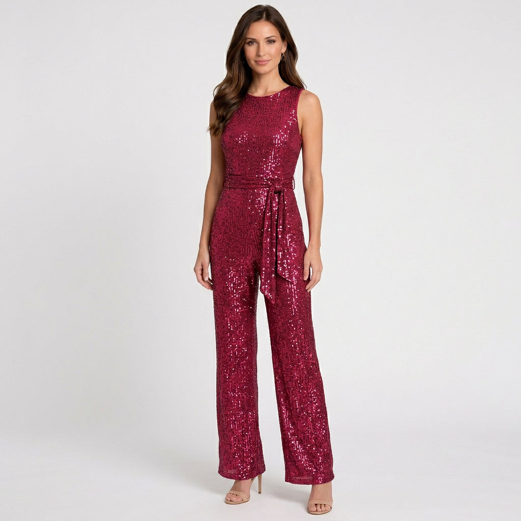 Women’s Sequin Jumpsuit Belted Waist – Sleeveless Evening One Piece