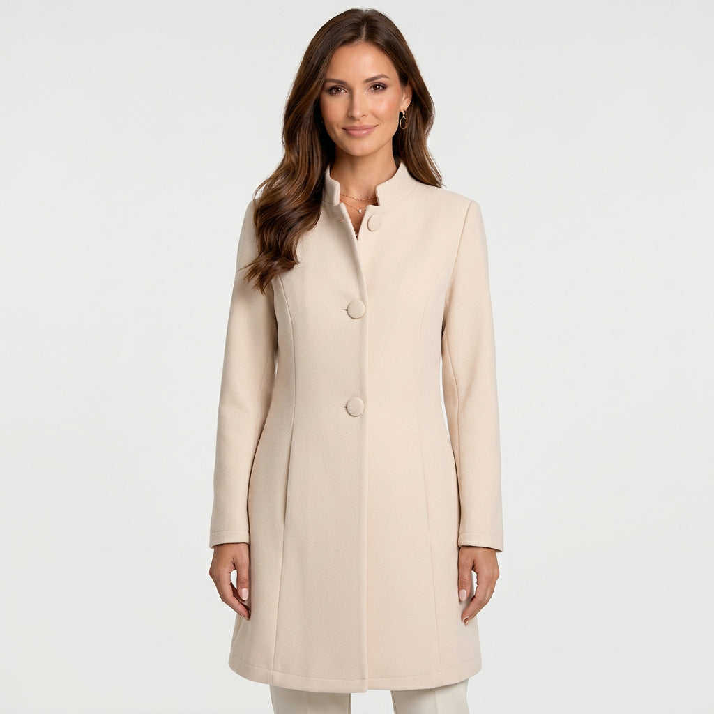 Women’s Stand Collar Coat – Button Front Mid Length Coat