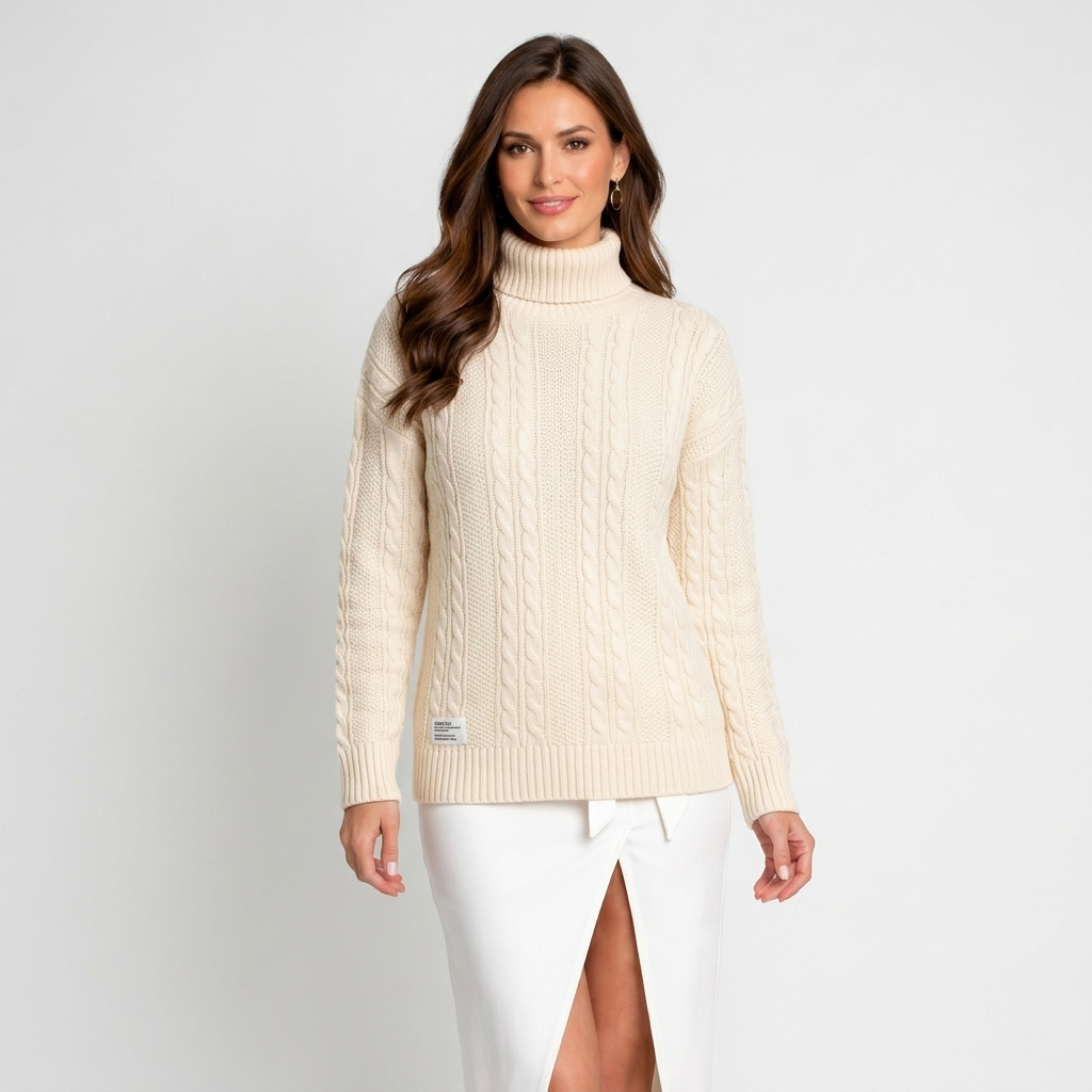 Women’s Cable Knit Turtleneck Sweater – Long Sleeve Ribbed Hem Pullover