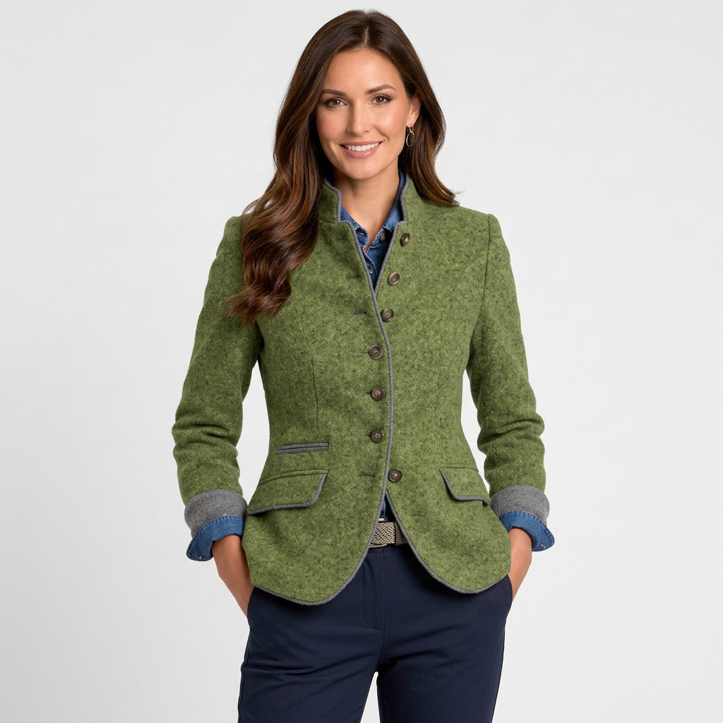 Women’s Stand Collar Wool Blend Jacket – Button Front Tailored Jacket